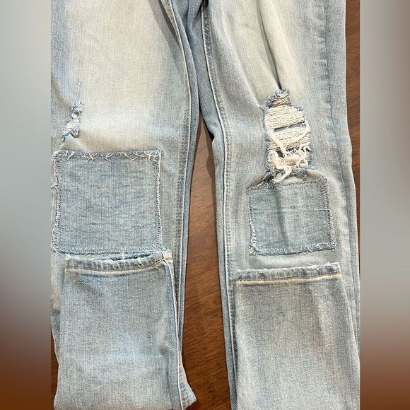 Old Navy Mid Rise Light Wash Distressed Patch Knee Super Skinny Jeans Women 0 - Picture 4 of 8